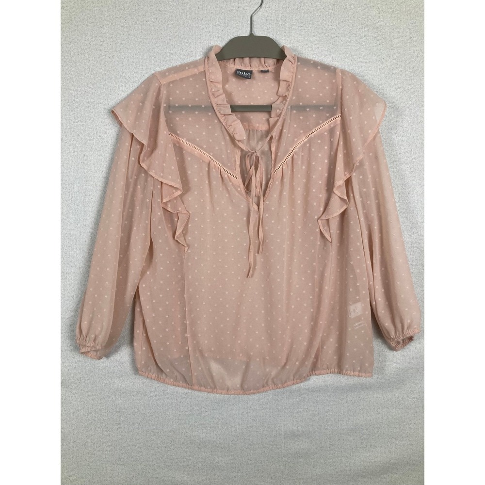 Soho New York & Company Peach Swiss Dot Ruffle Blouse XL Tie Neck Top Semi Sheer